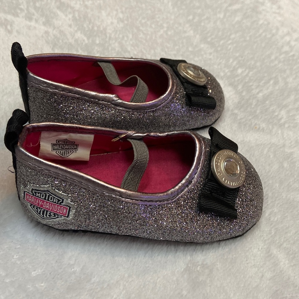 Harley-Davidson Silver Glitter Girls' Mary Jane Shoes with Pink Lining